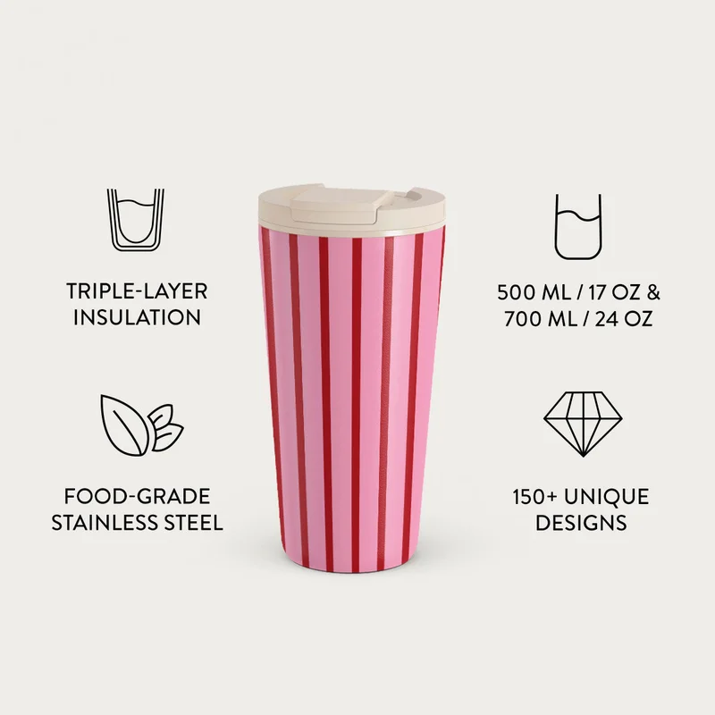 بورجا طقم كوب سفر بورجا المفضل بيكيني  مل بغطاء وقلاب وماصة - ستانلس ستيل خالٍ من البيسفينول أ، عزل ثلاثي الطبقات، مقاوم للتسرب، تصميم مطبوع فاخر - للمشروبات الساخنة والباردة